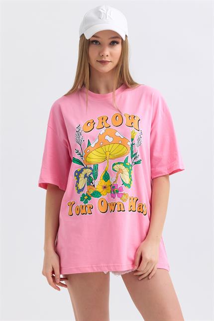 Önü Grow Baskılı Pamuklu Oversize Tişört - Pembe