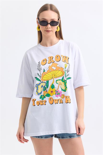 Önü Grow Baskılı Pamuklu Oversize Tişört - Beyaz