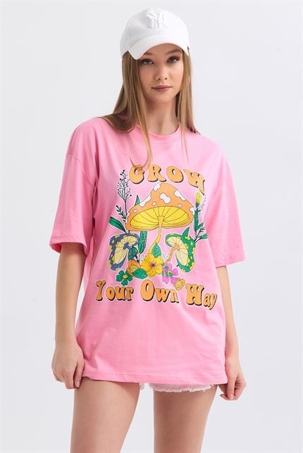 Önü Grow Baskılı Pamuklu Oversize Tişört - Pembe