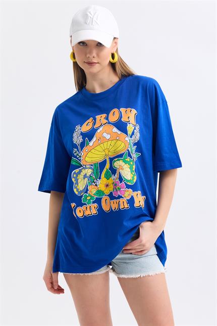 Önü Grow Baskılı Pamuklu Oversize Tişört - Mavi