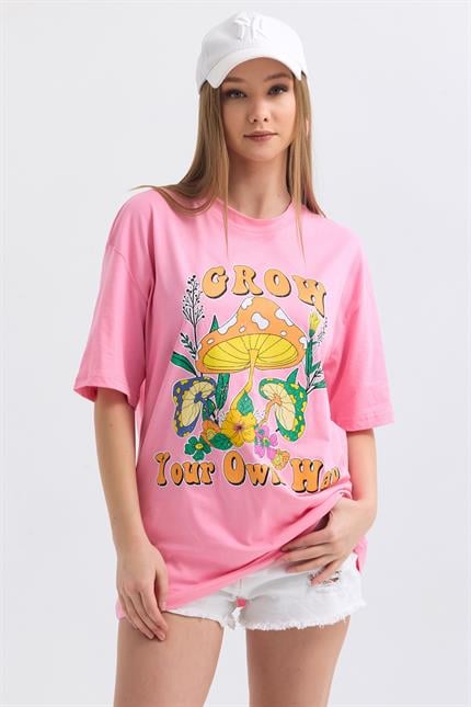 Önü Grow Baskılı Pamuklu Oversize Tişört - Pembe