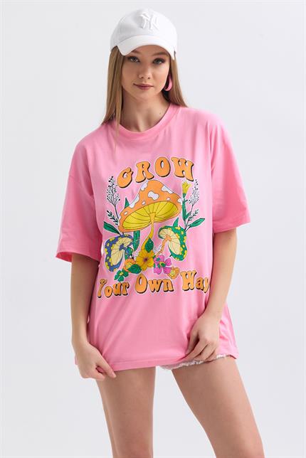 Önü Grow Baskılı Pamuklu Oversize Tişört - Pembe