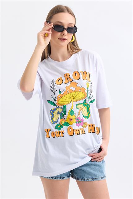 Önü Grow Baskılı Pamuklu Oversize Tişört - Beyaz