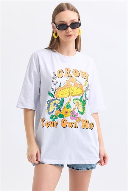 Önü Grow Baskılı Pamuklu Oversize Tişört - Beyaz