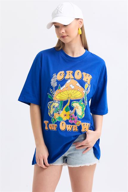 Önü Grow Baskılı Pamuklu Oversize Tişört - Mavi