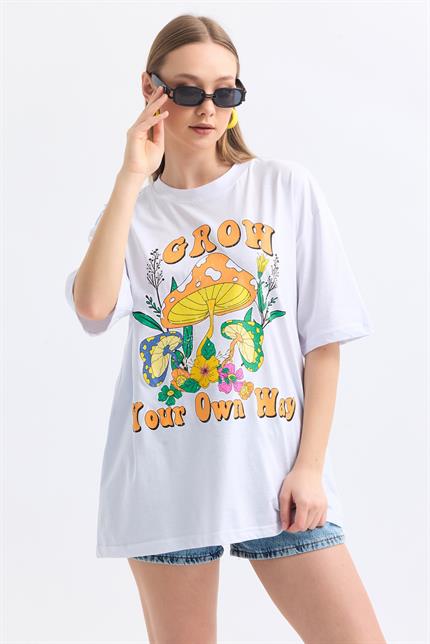 Önü Grow Baskılı Pamuklu Oversize Tişört - Beyaz