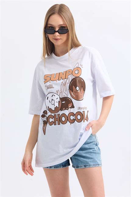 Önü Sunpo Baskılı Pamuklu Oversize Tişört - Beyaz