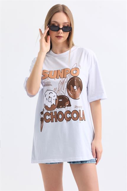 Önü Sunpo Baskılı Pamuklu Oversize Tişört - Beyaz
