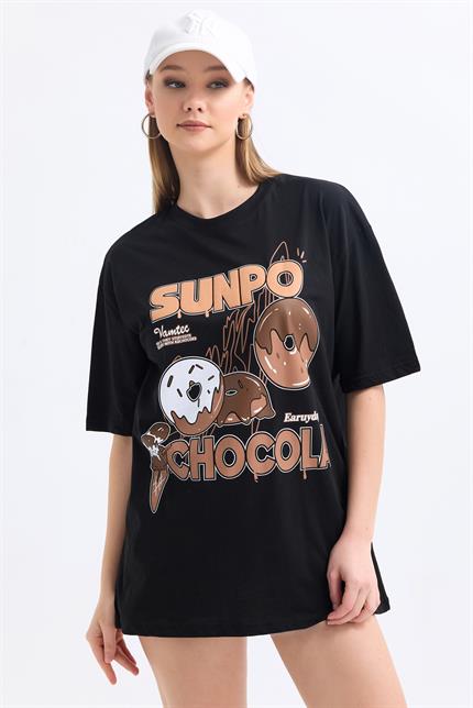 Önü Sunpo Baskılı Pamuklu Oversize Tişört - Siyah