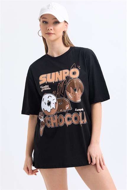 Önü Sunpo Baskılı Pamuklu Oversize Tişört - Siyah