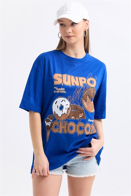 Önü Sunpo Baskılı Pamuklu Oversize Tişört - Mavi
