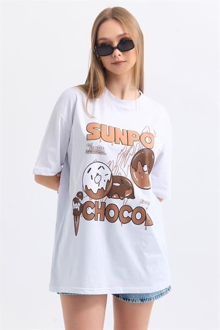 Önü Sunpo Baskılı Pamuklu Oversize Tişört - Beyaz