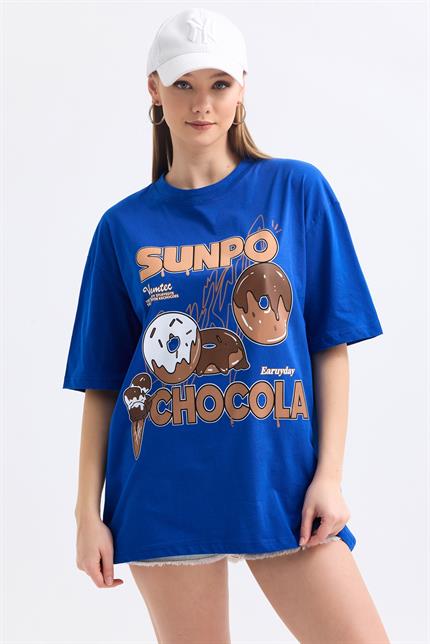 Önü Sunpo Baskılı Pamuklu Oversize Tişört - Mavi