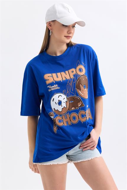 Önü Sunpo Baskılı Pamuklu Oversize Tişört - Mavi