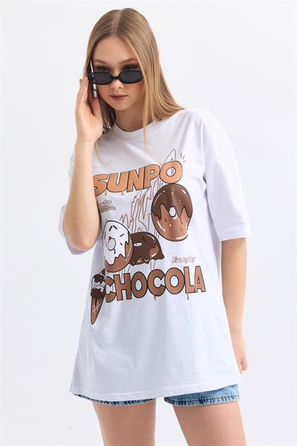 Önü Sunpo Baskılı Pamuklu Oversize Tişört - Beyaz