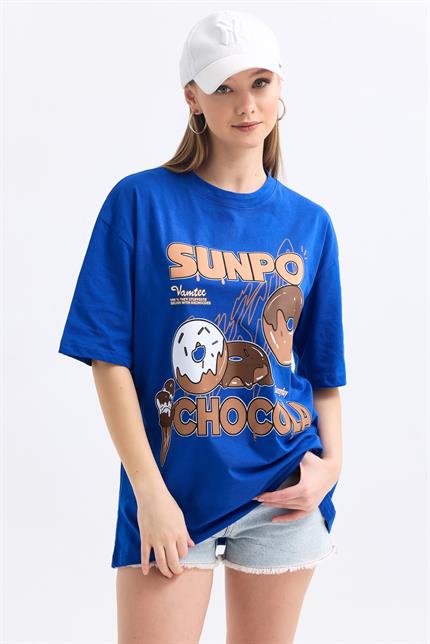 Önü Sunpo Baskılı Pamuklu Oversize Tişört - Mavi
