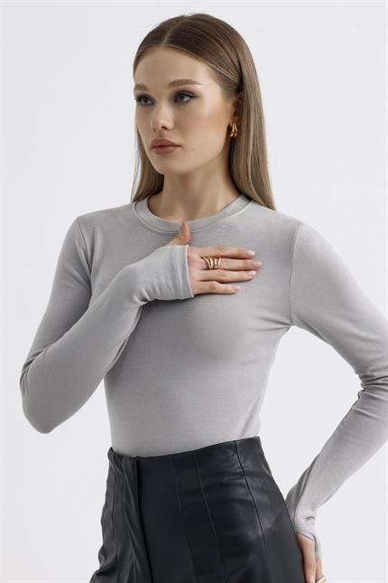 Parmak Detaylı Modal Bisiklet Yaka Body - Gri