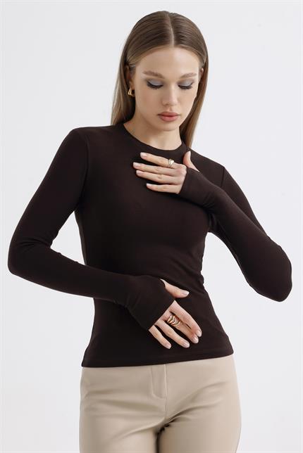 Parmak Detaylı Modal Bisiklet Yaka Body - Kahve