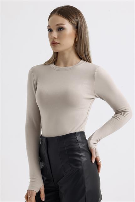 Parmak Detaylı Modal Bisiklet Yaka Body - Bej