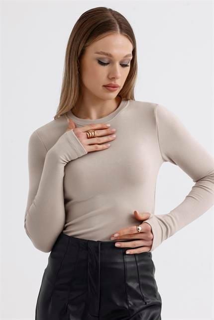 Parmak Detaylı Modal Bisiklet Yaka Body - Bej