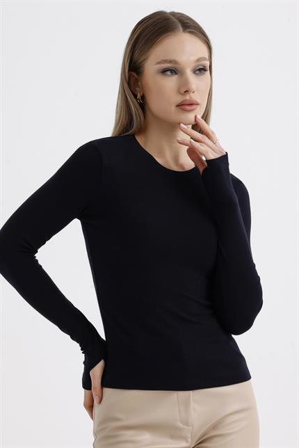 Parmak Detaylı Modal Bisiklet Yaka Body - Siyah