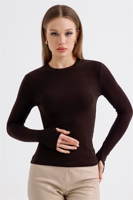 Parmak Detaylı Modal Bisiklet Yaka Body - Kahve