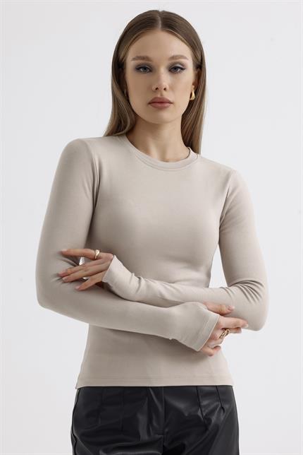 Parmak Detaylı Modal Bisiklet Yaka Body - Bej