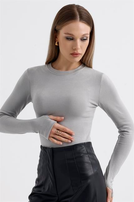 Parmak Detaylı Modal Bisiklet Yaka Body - Gri