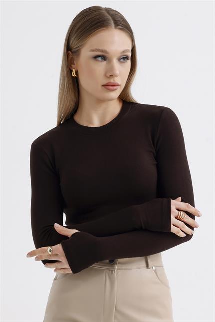 Parmak Detaylı Modal Bisiklet Yaka Body - Kahve