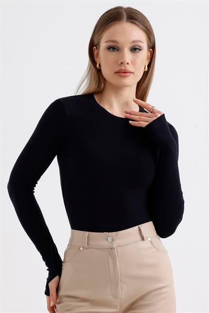 Parmak Detaylı Modal Bisiklet Yaka Body - Siyah