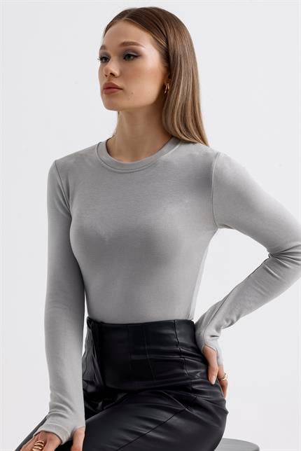 Parmak Detaylı Modal Bisiklet Yaka Body - Gri
