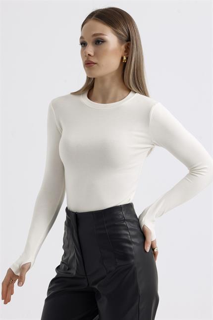Parmak Detaylı Modal Bisiklet Yaka Body - Ekru