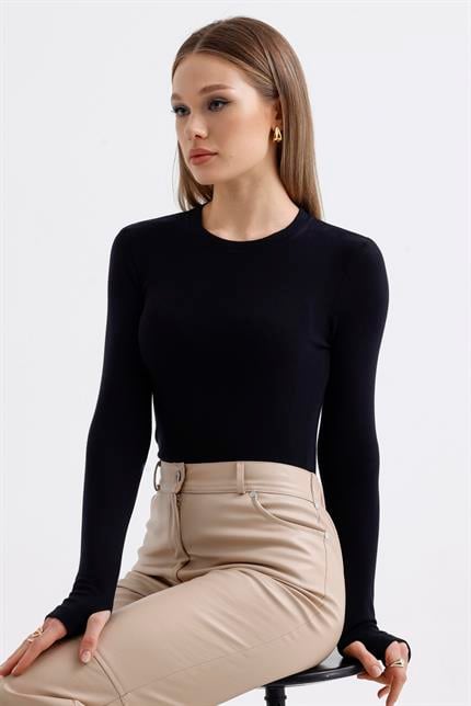 Parmak Detaylı Modal Bisiklet Yaka Body - Siyah