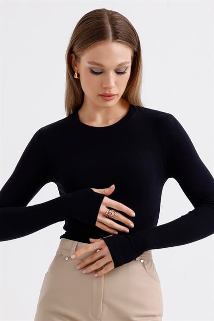 Parmak Detaylı Modal Bisiklet Yaka Body - Siyah