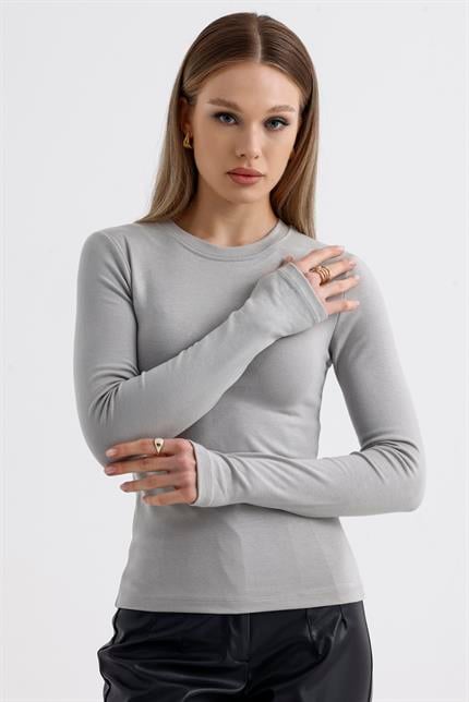 Parmak Detaylı Modal Bisiklet Yaka Body - Gri