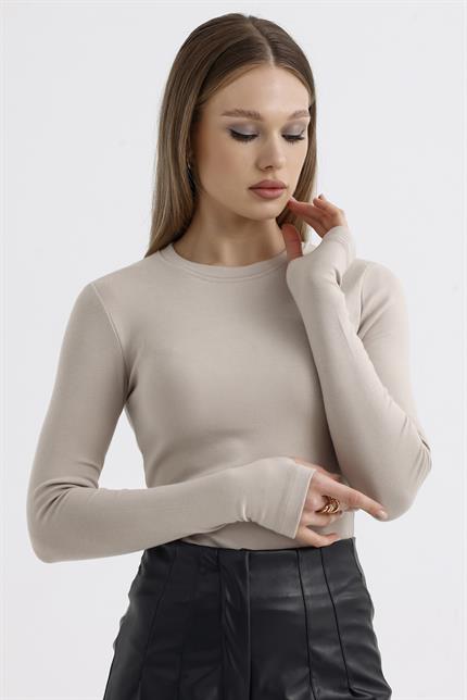 Parmak Detaylı Modal Bisiklet Yaka Body - Bej