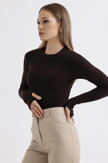 Parmak Detaylı Modal Bisiklet Yaka Body - Kahve