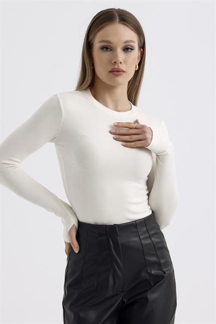 Parmak Detaylı Modal Bisiklet Yaka Body - Ekru