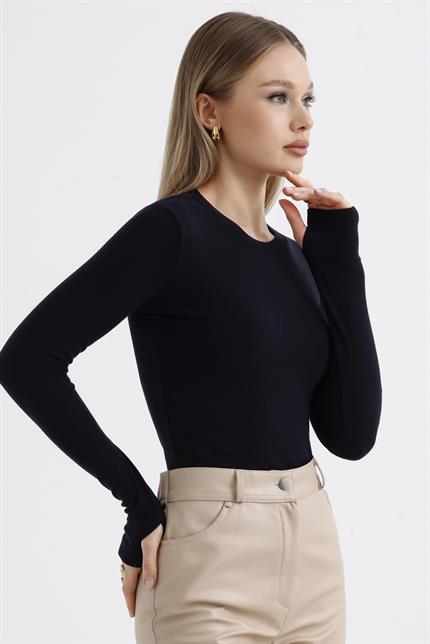 Parmak Detaylı Modal Bisiklet Yaka Body - Siyah