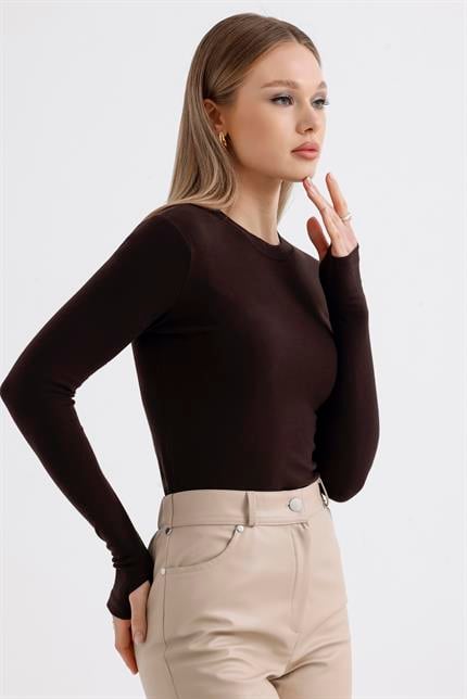Parmak Detaylı Modal Bisiklet Yaka Body - Kahve