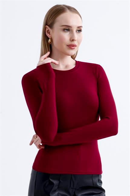 Parmak Detaylı Modal Bisiklet Yaka Body - Bordo