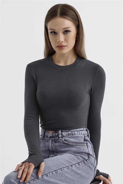 Parmak Detaylı Modal Bisiklet Yaka Body - Antrasit