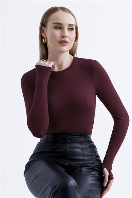 Parmak Detaylı Modal Bisiklet Yaka Body - Koyu Bordo