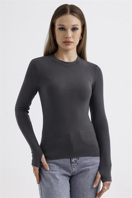 Parmak Detaylı Modal Bisiklet Yaka Body - Antrasit