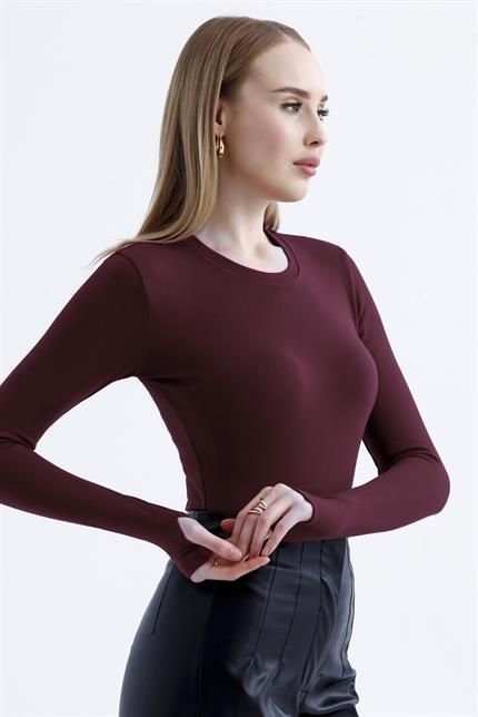 Parmak Detaylı Modal Bisiklet Yaka Body - Koyu Bordo