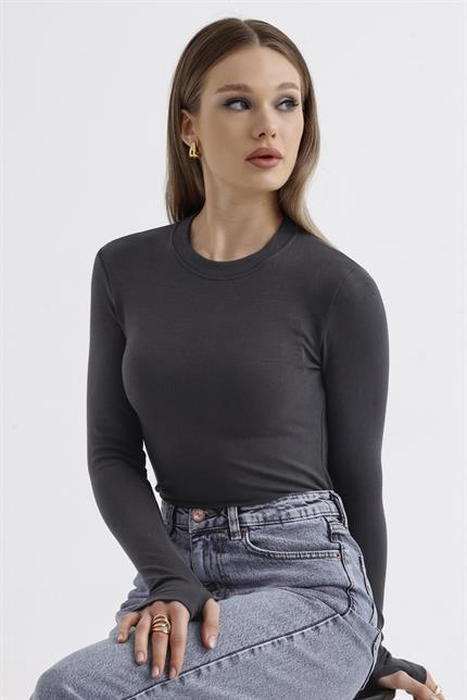 Parmak Detaylı Modal Bisiklet Yaka Body - Antrasit