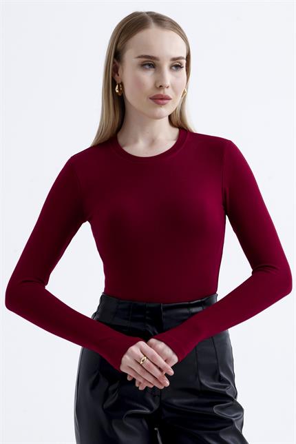 Parmak Detaylı Modal Bisiklet Yaka Body - Bordo