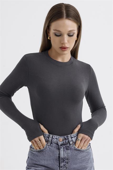 Parmak Detaylı Modal Bisiklet Yaka Body - Antrasit