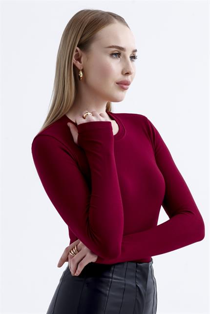 Parmak Detaylı Modal Bisiklet Yaka Body - Bordo