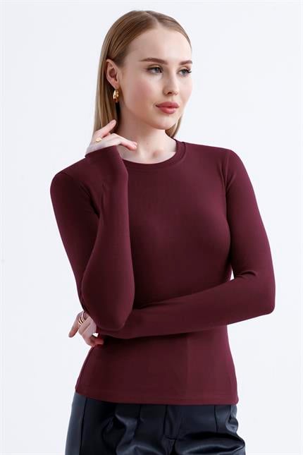 Parmak Detaylı Modal Bisiklet Yaka Body - Koyu Bordo